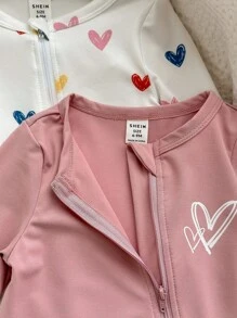 2pcs/Set Baby Girl Cute Knitted Pink Heart Pattern Long Sleeve Romper Set, Autumn/Winter