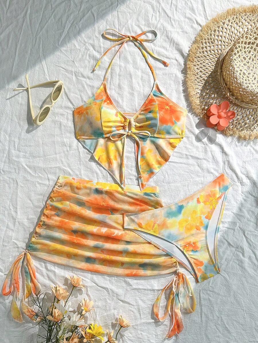 SHEIN Traje de baño de una pieza con volantes y estampado floral de estilo rural para mujer, informal para resort, fiesta en la piscina, playa y tomar el sol, nuevo estilo de bikini 25SS - Multicolor - Ver 1