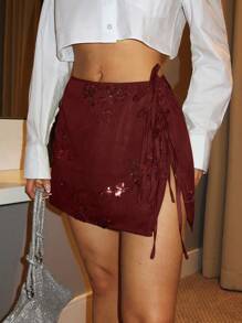 Glamine 1pc Women's Green Drawstring A-Line Skirt; Women's New Split Hem Skirt Burgundy Skirt Maroon Skirt Tie Skirt Y2k Skirt