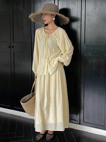 DAZY Women's 2pcs Set Vacation Style Linen Tie Front Top & Shorts, Spring/Summer