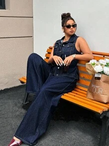 SHEIN ICON Chaqueta de mezclilla tipo chaleco con botones delanteros y bolsillo con solapa para tallas grandes de estilo informal y a la moda - Azul lavado oscuro - Ver 7