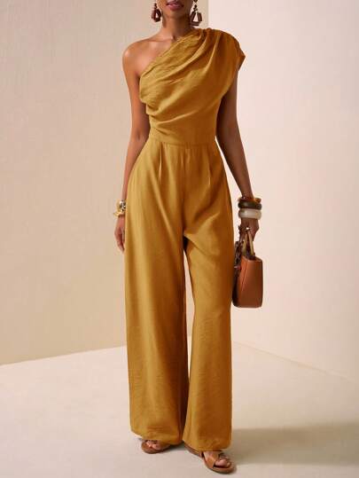 Zivah 2025 Spring & Summer New Arrivals, Versatile & Casual Asymmetric Design Textured Fabric Brown Jumpsuit Suitable For Music Festival, Easter, St.Patrick's Day, Western, Nomadic Style, Birthday Party, Graduation, Daily, Beach, Cruise Travel, Sunbathing