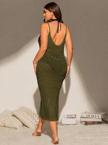 Swim Vcay Plus Size Solid Hollow Out Knit Cover Up Dress For Summer Beach Vacation - Army Green - View 2