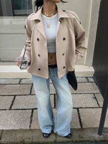 Muchica Women's Casual Solid Color Double Breasted A-Line Wind Jacket, Spring/Autumn - Khaki - View 5