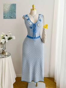 Comfortcana 大码女式浅蓝色系带假日休闲针织背心连衣裙套装，夏季度假 - 淺藍色 - 查看 4