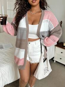 SHEIN EZwear Cárdigan casual con bloques de color abierto, talla grande, para primavera y otoño