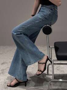 DAZY Fashionable High-Waist Flare Leg Distressed Hem Washed Denim Jeans - Dark Wash - View 7