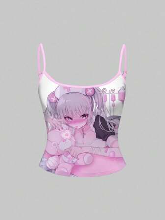 Anime Sexy & Cute Nurse Style Girl's Summer Tank Top With Crossfit, Heart, Teddy Bear All-Over Print, White