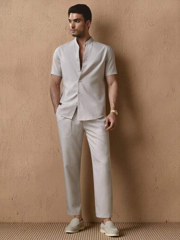 HIMLAND Set de 2 piezas con camisas de manga corta de hombro regular y ajuste delgado de unicolor, y pantalones largos de cintura entallada, adecuado para uso diario