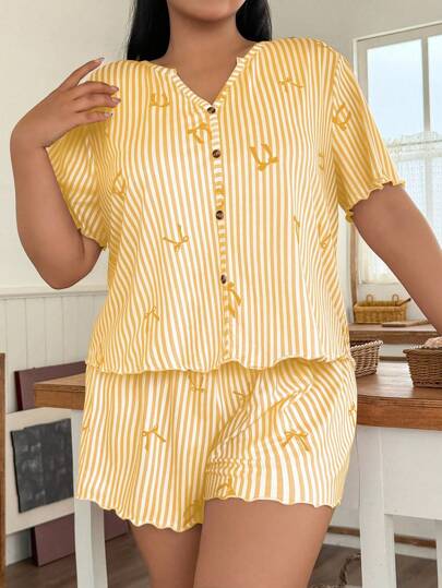 SHEIN Striped Bow Print Casual Button-Up Plus Size Pajama Set  Cozy And Elegant Details