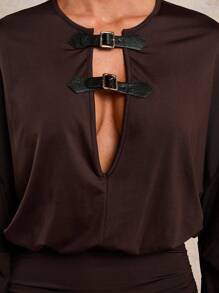 COSMINA Vestido mini de mujer de moda sólido y calado, vestido mini marrón, vestidos de otoño para mujer - Café - Ver 6