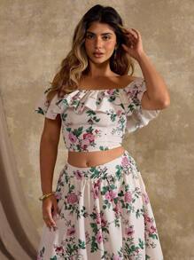 Flirla 2pcs/Set Plus Size Women French Floral Print Ruffle Shoulder Blouse And Skirt Women Summer Clothing Women Skirt Birthday - Multicolor - View 4