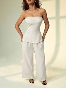 SHEIN PETITE Bộ 2 áo liền quần màu trơn đơn giản cho nữ - Màu Khaki - Xem 3