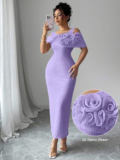 Modelyn Solid Color Mesh Patchwork 3D Floral Cutout Shoulder Midi Dress For Women