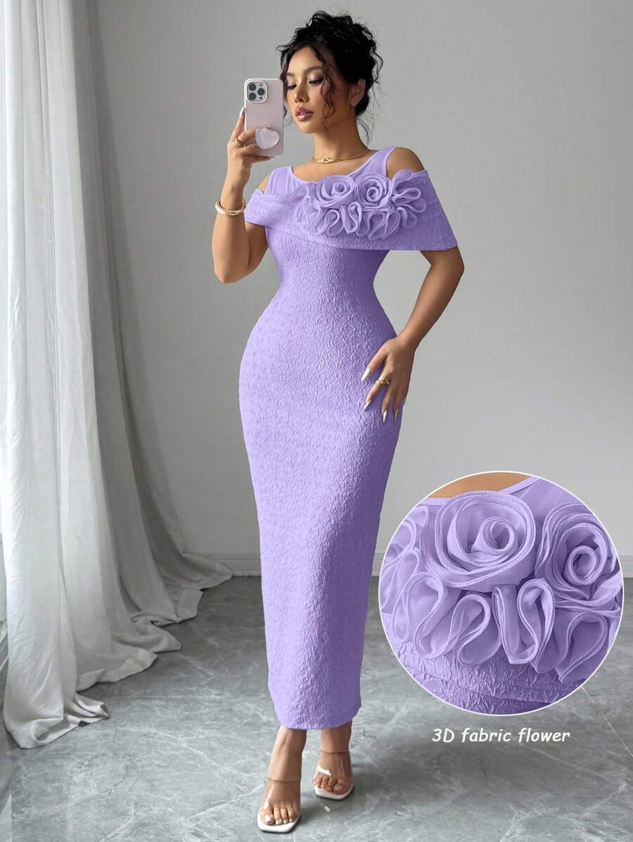 Modelyn 女士纯色网眼拼布 3D 花卉镂空肩部中长连衣裙 - 紫色 - 查看 1