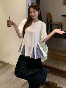 DAZY 女士格子拼布圆领韩版短袖T恤 - 白色 - 查看 9