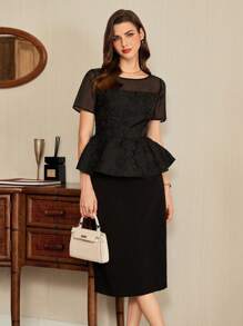 Vintamour 复古经典优雅女士上衣，修身提花拼接撞色短袖上衣，春夏婚礼宾客、教师外出、商务休闲、生日、办公室等场合皆宜，尽显老钱风范。 - 黑色 - 查看 5