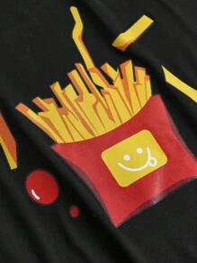 2 件套青少年男孩休闲睡衣套装，炸薯条印花圆领长袖上衣和裤子