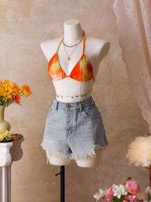 SHEIN Swim Women's Summer Vacation Beach Contrast Color Halter Bikini Top