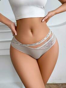 SHEIN 1 pieza Bragas cómodas y ajustadas de mujer con parches de encaje y detalles con letras - Caqui - Ver 3