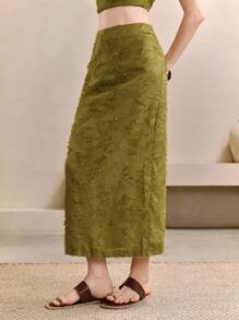 EMERY ROSE Women's Texture Fabric Pickle Green Straight Jacquard Design Back Slit Hem Midi Skirt,Summer,Vacation Boho,European Skirt Fall Cloth For Women - Green - View 7