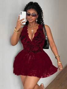 Maweii Valentine Sexy & Elegant Lace Patchwork Sleeveless Mini Bodycon Dress, Plus Size Black Skater Dress For Daily & Date Wear - Burgundy - View 5