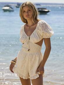 Aralina 泡泡袖褶饰腰部荷叶边下摆刺绣连身裤 - 白色 - 查看 3