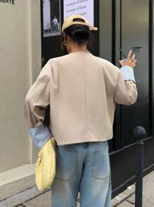 SHEIN EZwear 秋季女装 Old Money 秋季风衣 女士卡其色梭织短款风衣 短款夹克 女士夹克 女士西装外套 - 卡其色 - 查看 3