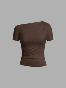 Ellevyn Áo thun dệt kim co giãn tay ngắn hở vai bất đối xứng màu trơn thanh lịch dành cho nữ, mùa xuân/hè - Nhiều màu - Xem 3