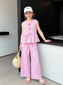 SHEIN 2pcs/Set Tween Girls Sleeveless Shirt With Bow Buttons & Extended Pants Outfit Fall Winter - Baby Pink - View 9