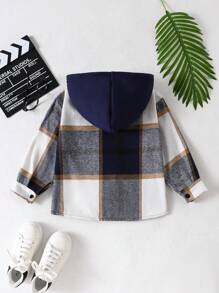 SHEIN Vintaside Kids Young Boy Plaid Pattern Hooded Casual Shacket, Spring Autumn