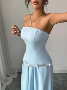 Elenzga Elegant Waisted Top With Rhinestones And Flared A-Line Skirt, Blue 2 Pieces Outfit Suit For Women, Suitable For Dating, Shopping, Outing, Music Festival And Other Occasions In Spring/Summer