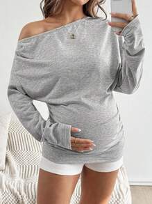 SHEIN Women Maternity Solid Color Pleated Asymmetrical Neck Long Sleeve Pullover Sweatshirt  Fall Clothes   Cute Top Off The Shoulder - Grey - View 1