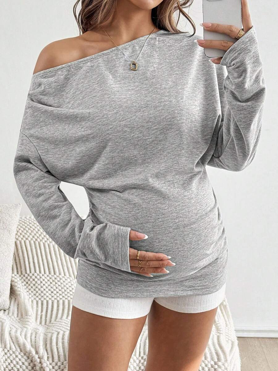 SHEIN Women Maternity Solid Color Pleated Asymmetrical Neck Long Sleeve Pullover Sweatshirt  Fall Clothes   Cute Top Off The Shoulder - Grey - View 1