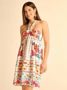 CAJUNI 女式夏季波西米亚风热带花卉印花镂空后系带腰休闲沙滩短款度假连衣裙 - 彩色 - 查看 4