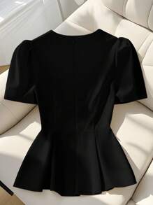 GlowEve CURVE 大码女式优雅休闲褶皱泡泡袖衬衫 - 黑色 - 查看 2