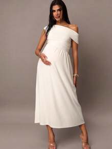 MaterniChic 春季郊游、夏季泳装、度假、复活节、波西米亚风、海滩、热门户外婚礼季、宴会、成人礼、海滩、海滨女士高端婚礼纯色不对称领口连衣裙、孕妇装 - 白色 - 查看 7