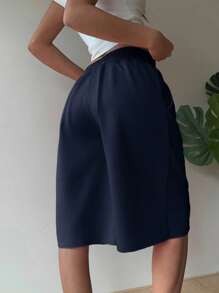 SHEIN EZwear 海军蓝大码女式休闲抽绳百慕大短裤 - 藏蓝色 - 查看 2