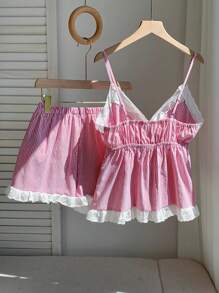 Comfortcana Bộ 2 món áo hai dây kẻ sọc và quần short ren giản dị mùa hè dành cho nữ - Đỏ - Xem 2