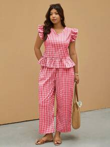 Elaquor Plus Size Women Plaid Cap Sleeve Shirt And Pants 2 Pieces Casual Set, Summer - Red - View 3