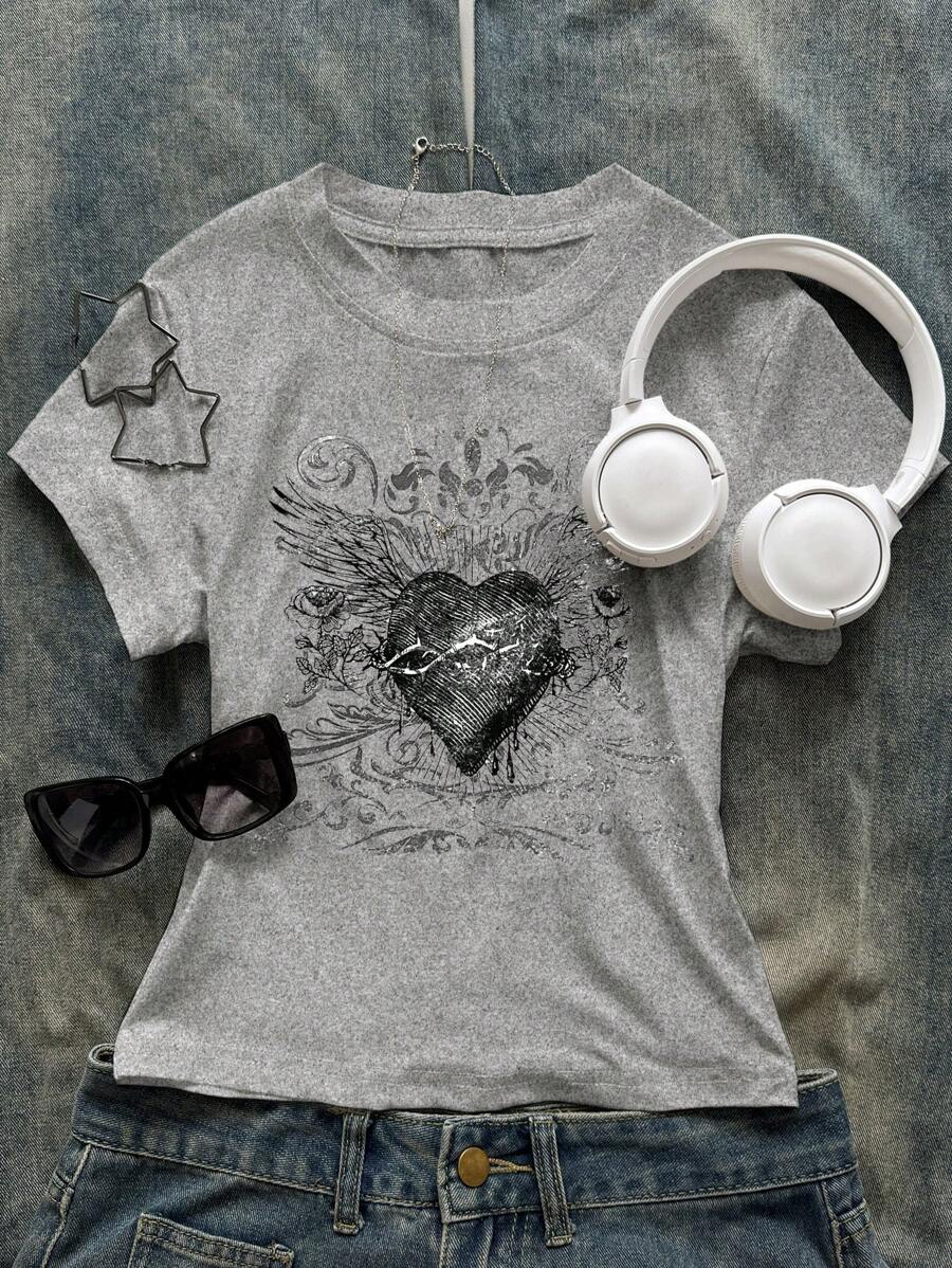 INAWLY 女士圆领短袖心形印花休闲简约 T 恤，日常穿着图案 T 恤女式上衣