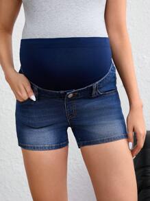 SHEIN Pregnant Women's Autumn Casual Washed Skinny Denim Shorts - Dark Wash - View 4