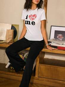 Miss Vinta 女士心形与字母印花短袖上衣和长裤睡衣套装