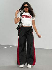 Sparklyn Teens' Street Style Sporty Hip Hop Influencer Colorblock Digit Print Loose Fit Pants - Black - View 5