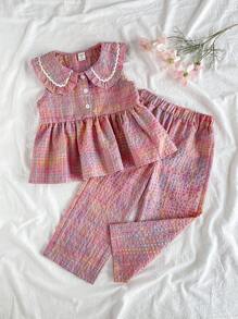 SHEIN Vintaside Kids Young Girl Summer Casual Peter Pan Collar Blouse And Pants Set