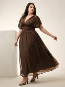 Anewsta Plus Size Women Summer V-Neck Ruched Shoulder Sleeve Dress, Suitable For Beach Vacation - Coffee Brown - View 6