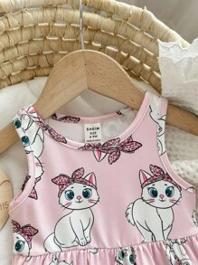 Baby Girls' Casual Knitted Sleeveless Cat Print Empire Waist Dress - Pink - View 8