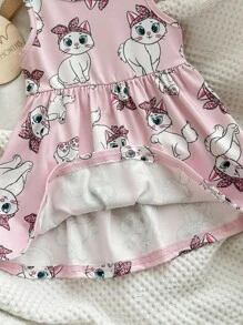Baby Girls' Casual Knitted Sleeveless Cat Print Empire Waist Dress - Pink - View 11