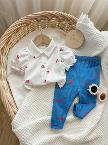 Baby Girl Summer Cute White Cherry Pattern Shirt And Pants Set - Multicolor - View 4