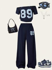 SHEIN 2pcs/Set Teen GirlAsymmetrical Shoulder Long Sleeve Numeric 89 Print Loose Pants, Collegiate Fashion, Comfort, All Season